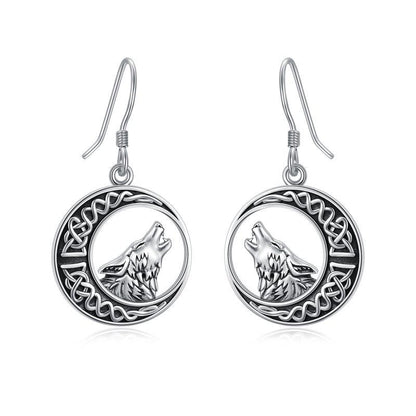 Wolf Celtic Moon Dangle Drop Earrings in Sterling Silver