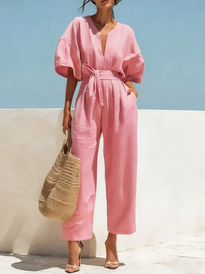 Fashionable V-Neck Solid Color Cotton-Linen Jumpsuit For Women