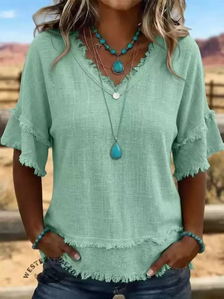 Casual Women's Shirt V-Neck Short Sleeve Loose Fit Pure Color Summer Fashion Trend Pullover Tops For Daily Wear