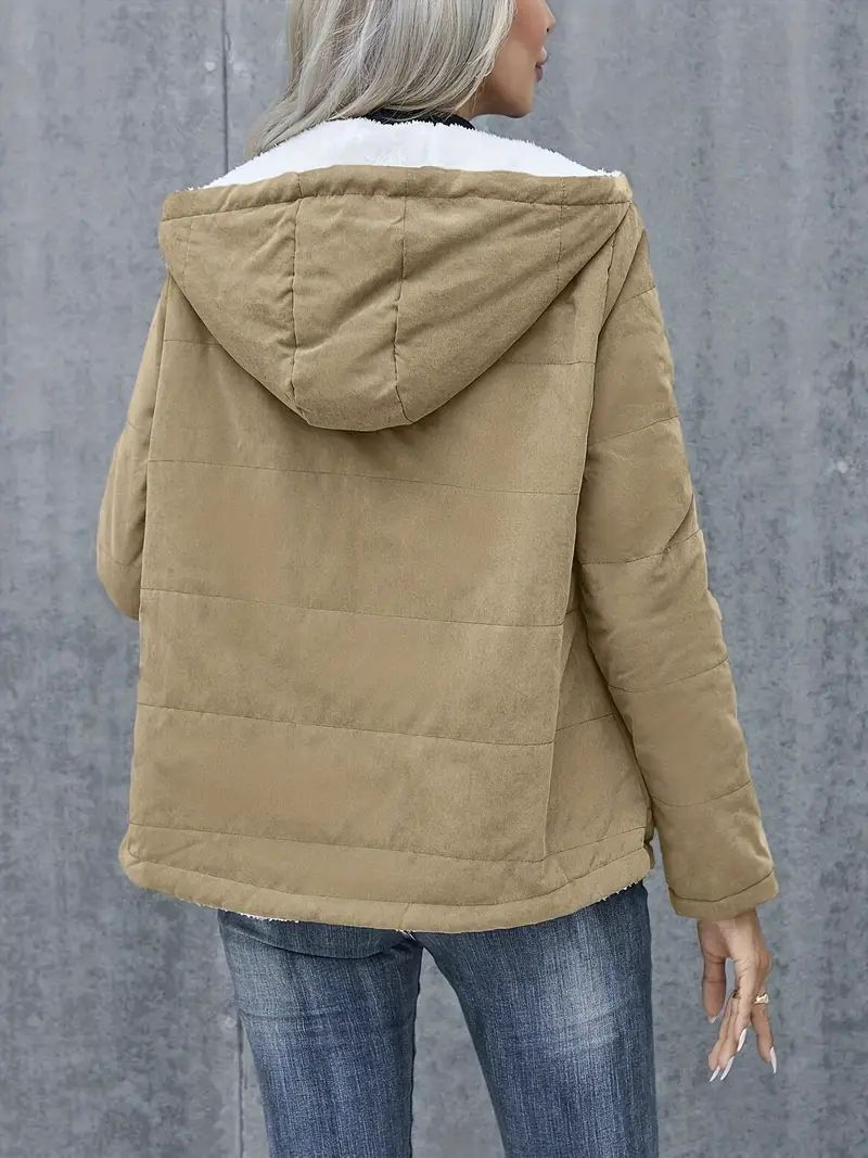 Fleece-lined Hooded Coat Winter Preppy Style Long Sleeve Jacket Warm Pockets Cotton Coat Women's Clothing