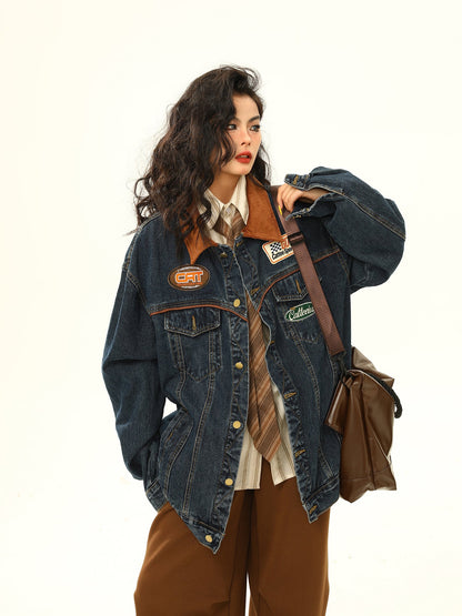 Vintage Denim Jacket Men's And Women's Motorcycle Loose Lapels Jacket