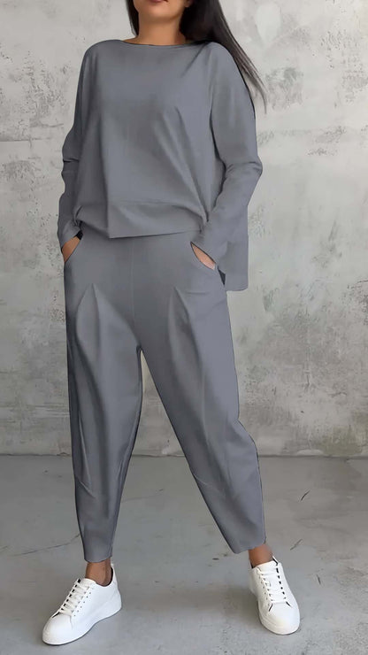 Women's Irregular Suit Long-sleeved Round Neck Top And Loose Harem Pants With Pockets Ins Fashion Trousers Set Women's Clothing
