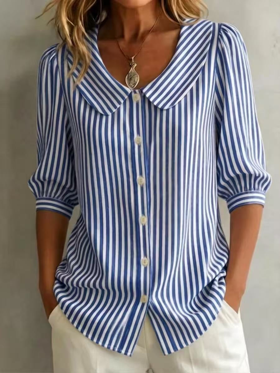 Mid-sleeve Striped V-neck Shirt Top T-shirt Womens Clothing