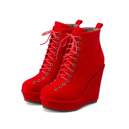 High-heeled Sponge Cake Was Thin Suede Lace-up Martin Boots Women