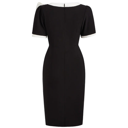 Women Crew Neck Short Sleeve Bow Color-Block Slim Fit Dress