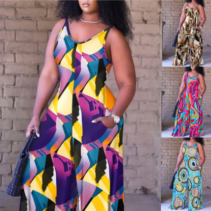 Women's Loose Printed Suspender Jumpsuit