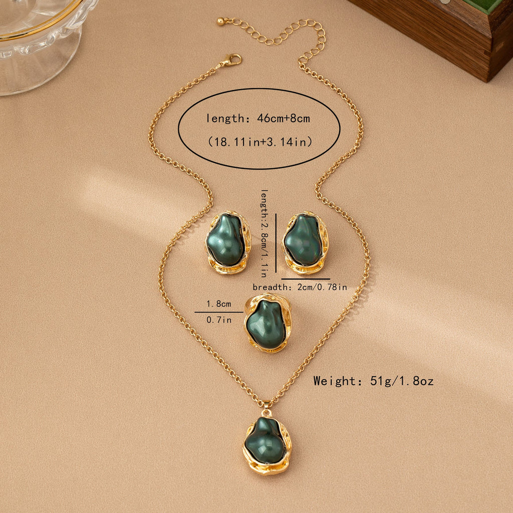 Retro Green Irregular Inlaid Imitation Pearl Necklace Ear Stud And Ring