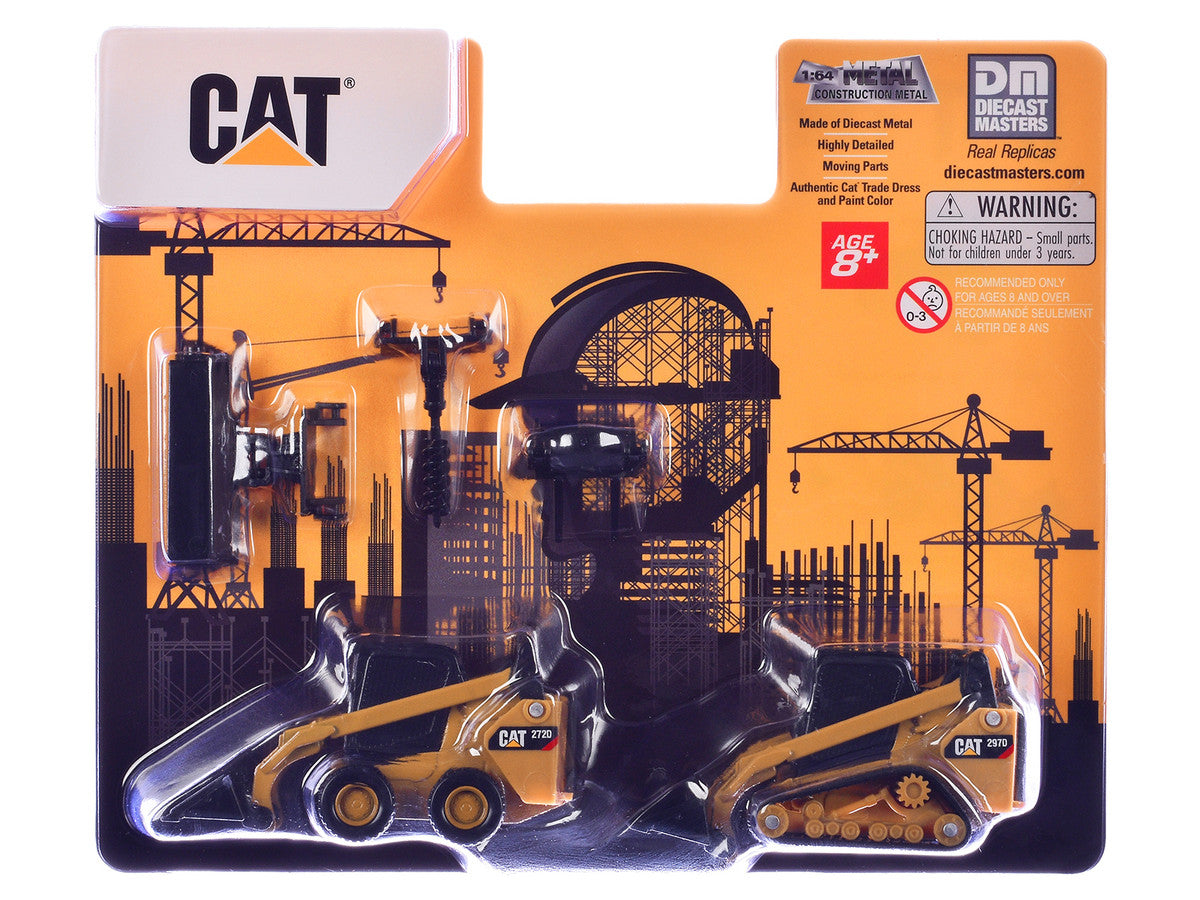 CAT Caterpillar 272D Skid Steer Loader and 297D Compact Track Loader with Interchangeable Attachment Yellow 1/64 Diecast Model by Diecast Master