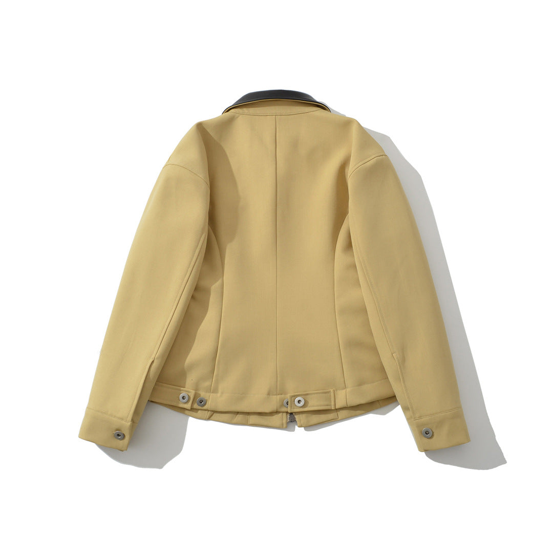 Retro Lapels Contrast Color Waist-tight Motorcycle Slim-fit Leather Coat Zipper Jacket