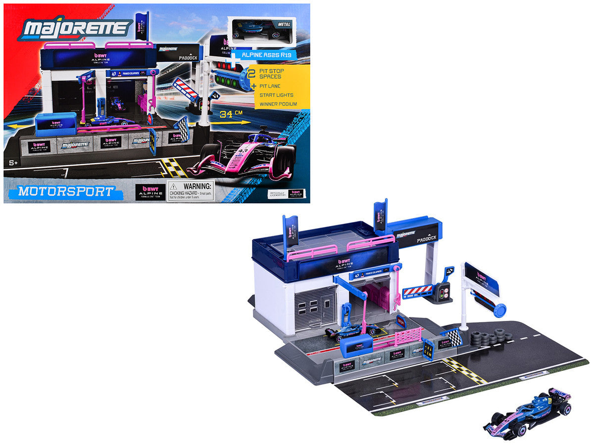 "BWT Alpine Formula One Team" (2025) Pit Stop Playset with Alpine A525 R19 1/64 Diecast Model Car by Majorette