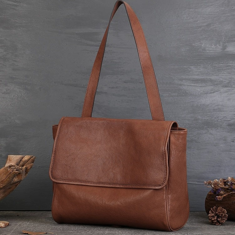 Solid Color Cowhide Tote Bag Simple Commute Shoulder Messenger Bag For Women