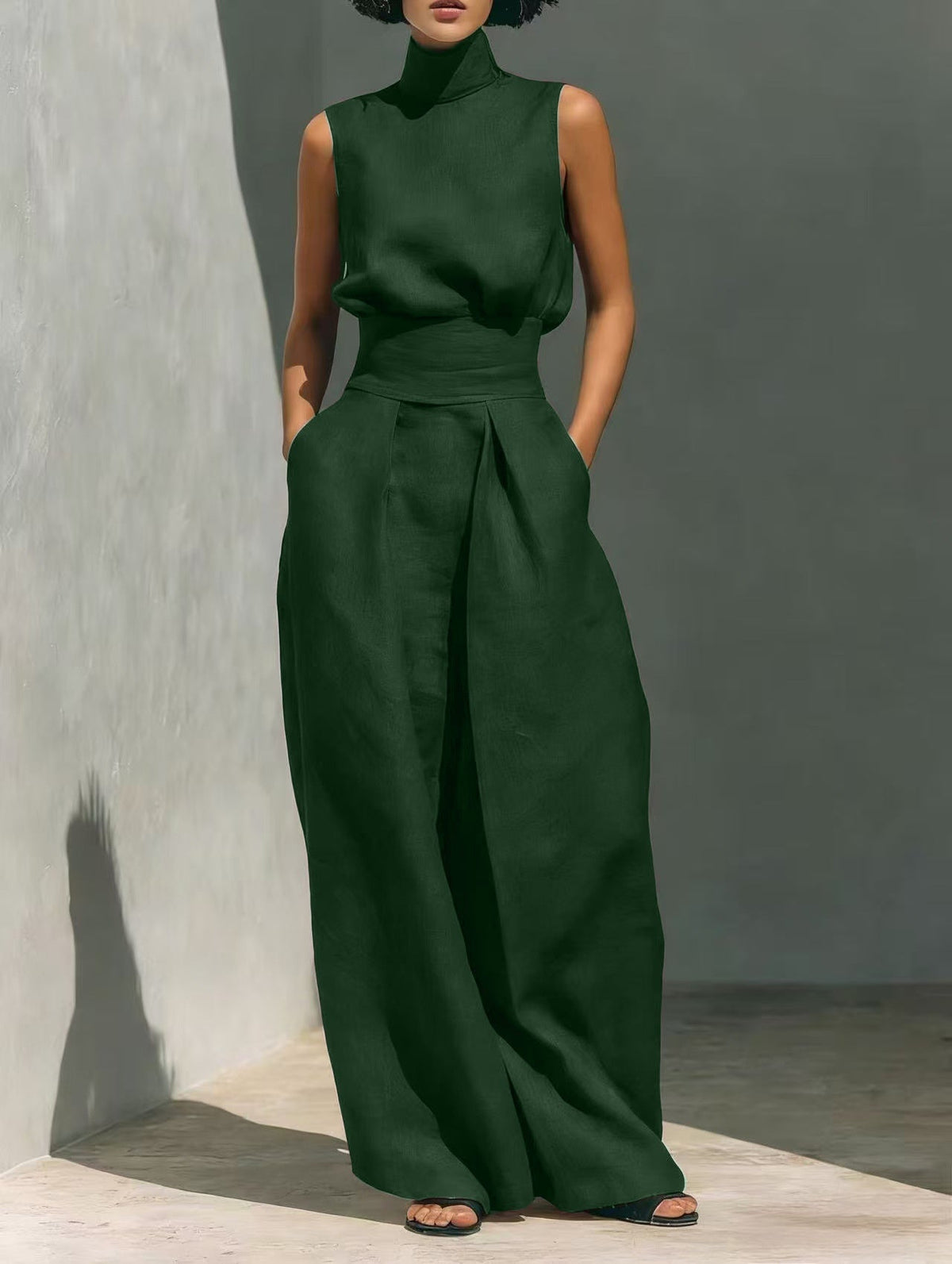 Casual Sleeveless Suit Summer Stand-up Collar Pullover Top And Loose Straight-leg Trousers Women's Clothing