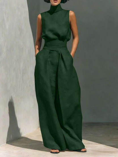 Casual Sleeveless Suit Summer Stand-up Collar Pullover Top And Loose Straight-leg Trousers Women's Clothing