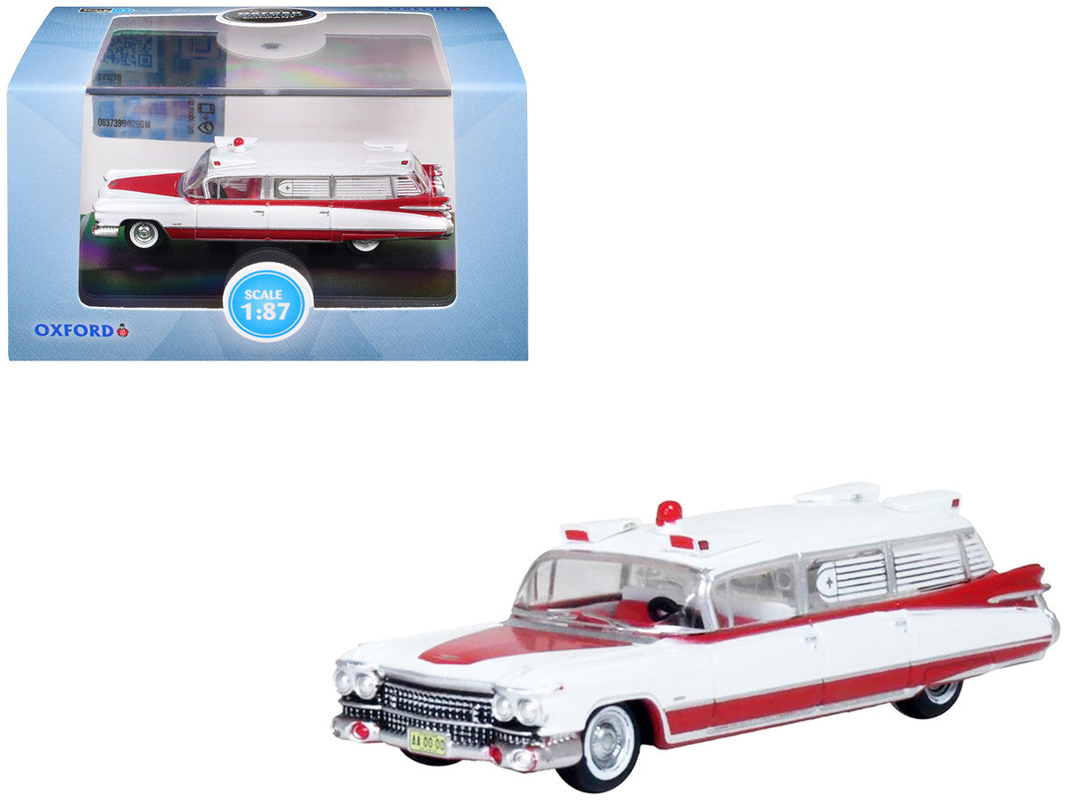 1959 Cadillac Miller-Meteor Ambulance Red and White 1/100 Scale Diecast Model Car by Oxford Diecast