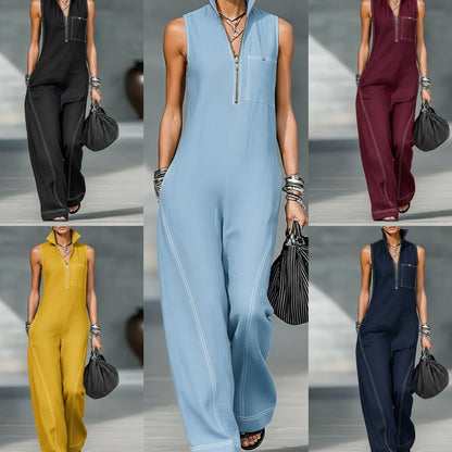 Stand-up Collar Jumpsuit With Pockets Summer Fashion Casual Sleeveless Jumpsuit Trousers Women's Clothing