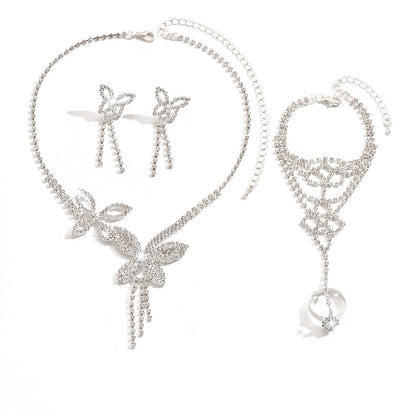Butterfly Tassel Rhinestone Necklace Earring Bracelet 3 Pieces Suit