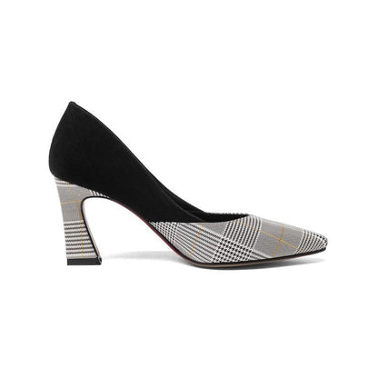 All-match Thick Heel Shoes Women Plaid Shallow Mouth Single