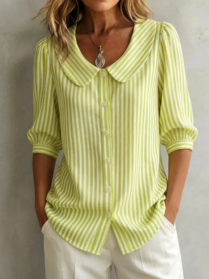 Mid-sleeve Striped V-neck Shirt Top T-shirt Womens Clothing