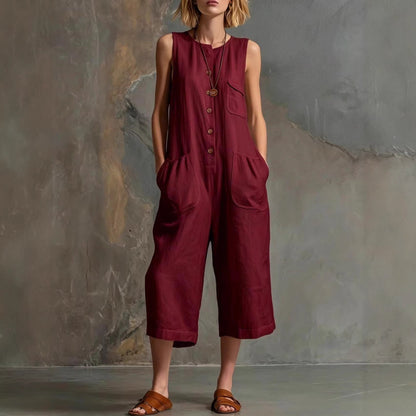 Retro Sleeveless Cotton-Linen Wide-Leg Cropped Jumpsuit