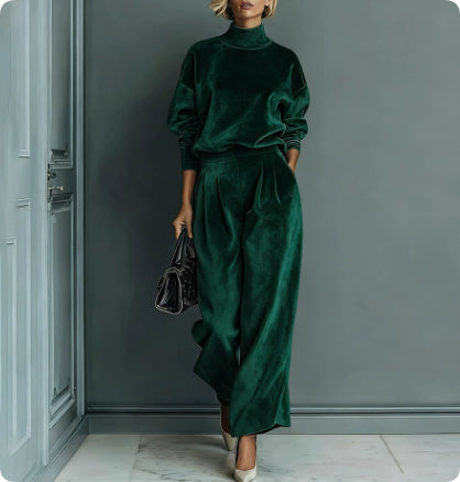 Casual Warm Velour Long-sleeved Solid Color High-neck Zipper Wide-leg Sportswear