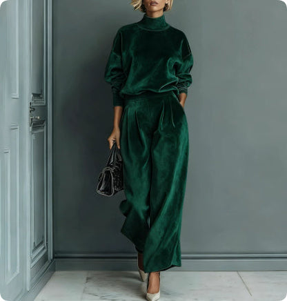 Casual Warm Velour Long-sleeved Solid Color High-neck Zipper Wide-leg Sportswear