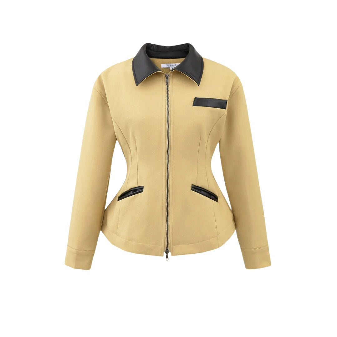 Retro Lapels Contrast Color Waist-tight Motorcycle Slim-fit Leather Coat Zipper Jacket