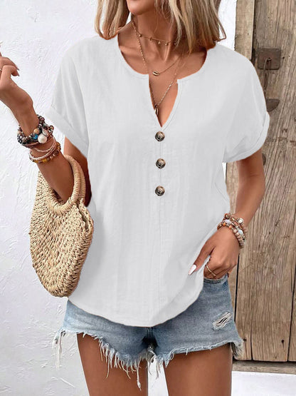 Women's Buttoned V-neck Short-sleeve T-shirt Top