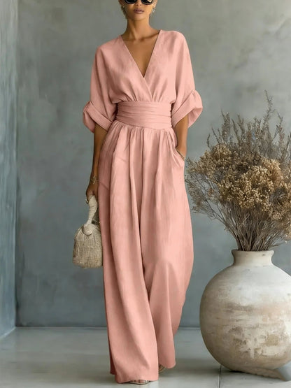 Summer Short-sleeved Jumpsuit Fashion Casual V-Neck Wide-Leg Pants Womens Clothing