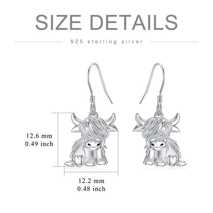 Highland Cow Earrings for Women 925 Sterling Silver Cow Dangle Drop Earrings
