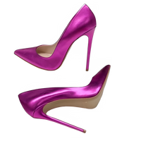 Pink Metallic Leather Woman High Heel Shoes Pointed Toe Shallow Stiletto High Heels Pumps Slip-on Polished Leather Runway Shoes