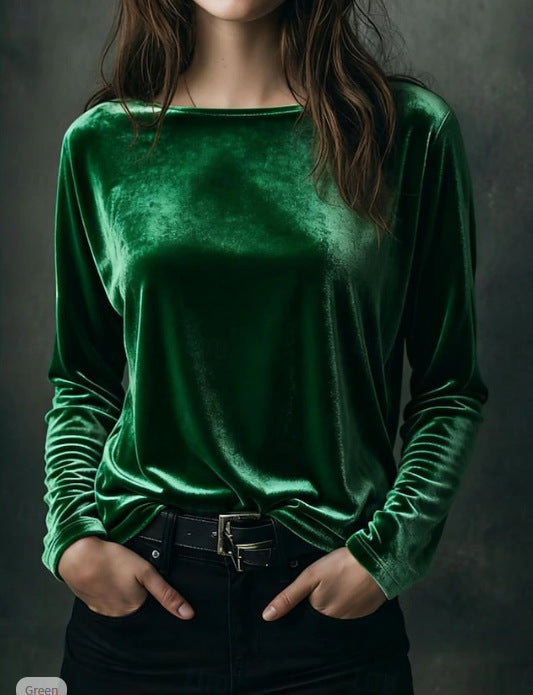 Female Solid Color Loose Fit Crew-neck Pullover Velvet T-shirt