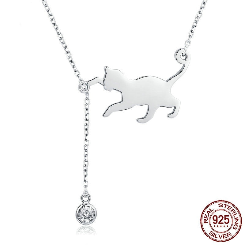 Naughty Kitten 925 Sterling Silver Necklace Personalized Diamond