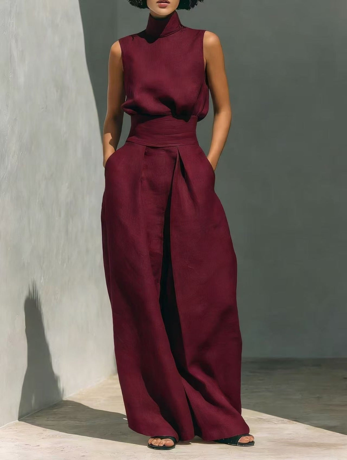 Casual Sleeveless Suit Summer Stand-up Collar Pullover Top And Loose Straight-leg Trousers Women's Clothing