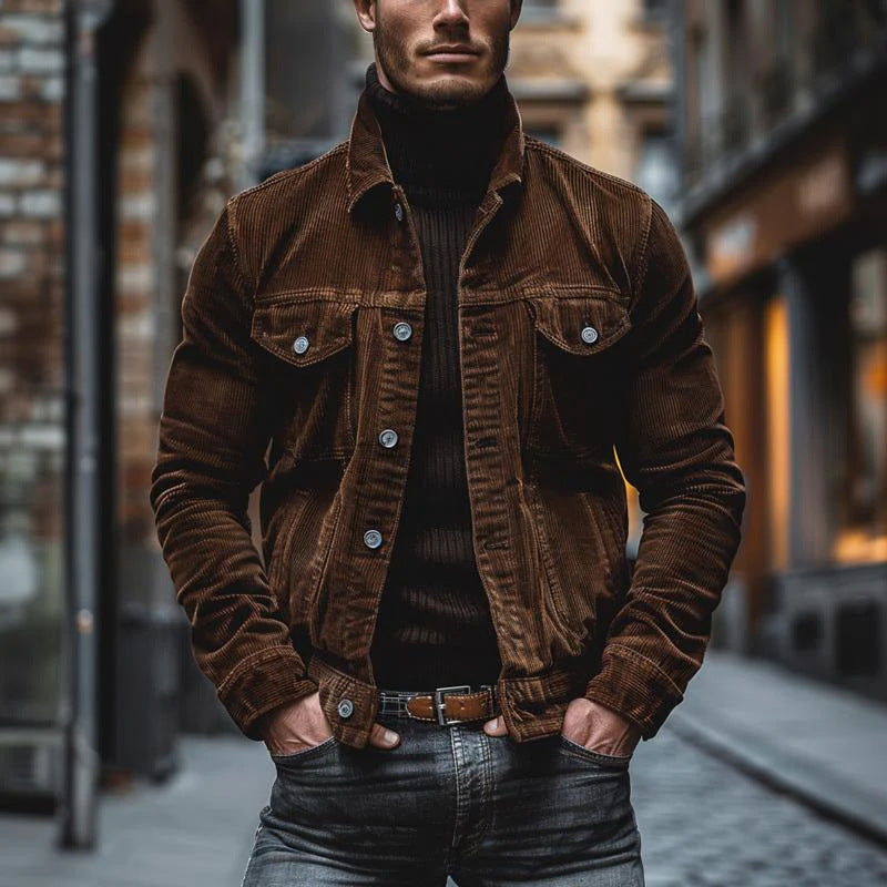 Men's Pocket Corduroy Long Sleeve Striped Lapel Jacket