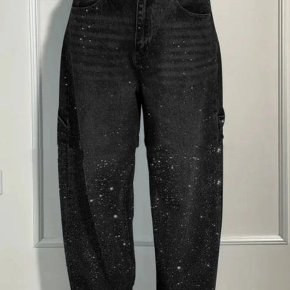 Ins Shiny Straight Jeans With Pockets Fashion Loose Wide-leg Pants For Women Street-style Trousers