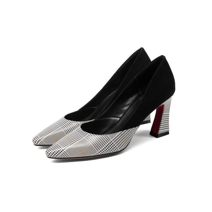 All-match Thick Heel Shoes Women Plaid Shallow Mouth Single