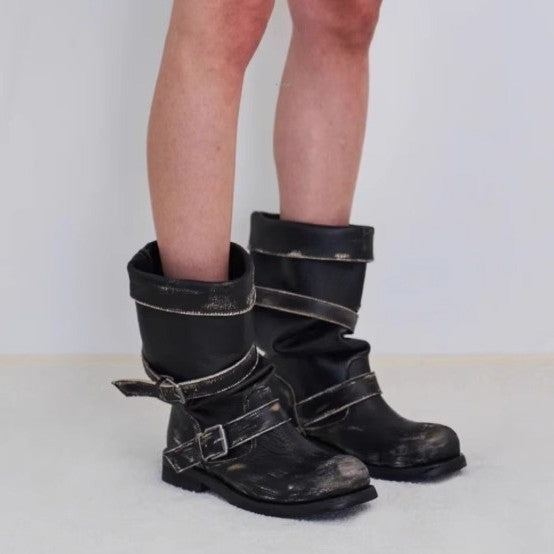 Chunky-heeled Vintage Distressed Mid-calf Boots Womens