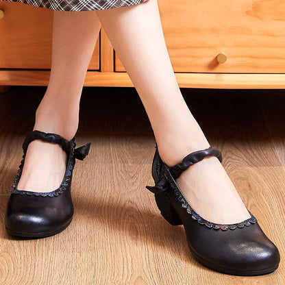 Vintage Chinese Element Violet Butterfly Thick Heel Soft Leather Round Toe Versatile Single Shoe