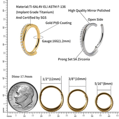 Right Grand Implant Grade Titanium Hinged Seamless Earrings Clicker Hoop Ring for Cartilage Helix Rook Septum Daith Tragus Conch