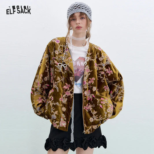 ELFSACK 2025 Gold Velvet Jacket Women's Winter Short Coat, Embroidered Goldfish Chinese Style Vintage Loose Padded Jacket