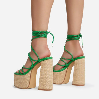 Woven Platform Lace Up Strappy Sandals Block Heel Open Toe Solid Color Sexy Roman Style Women Shoes Summer 2026 New Arrivals