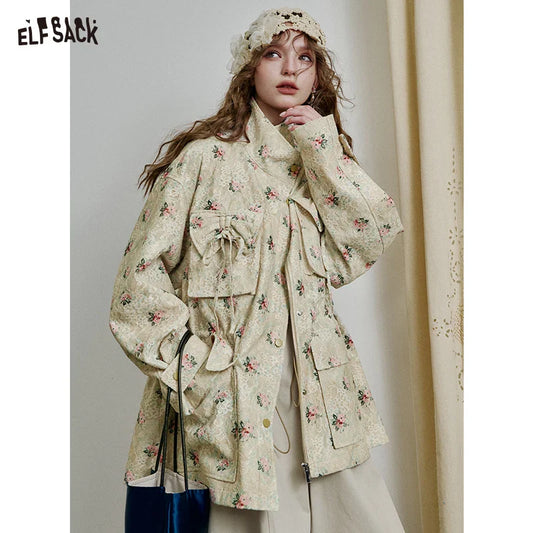 ELFSACK Lace Floral Jacket for Women, Fitted Trench Style Jacket with Bow Tie Pocket, Romantic Cottagecore Elegant Coat