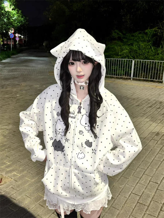Japanese Y2k Hoodies Jackets Women Clothes Polka Dot Cat Print Sweatshirts 2025 Ropa Mujer Casual Chic Hooded Cute Hoodie Tops