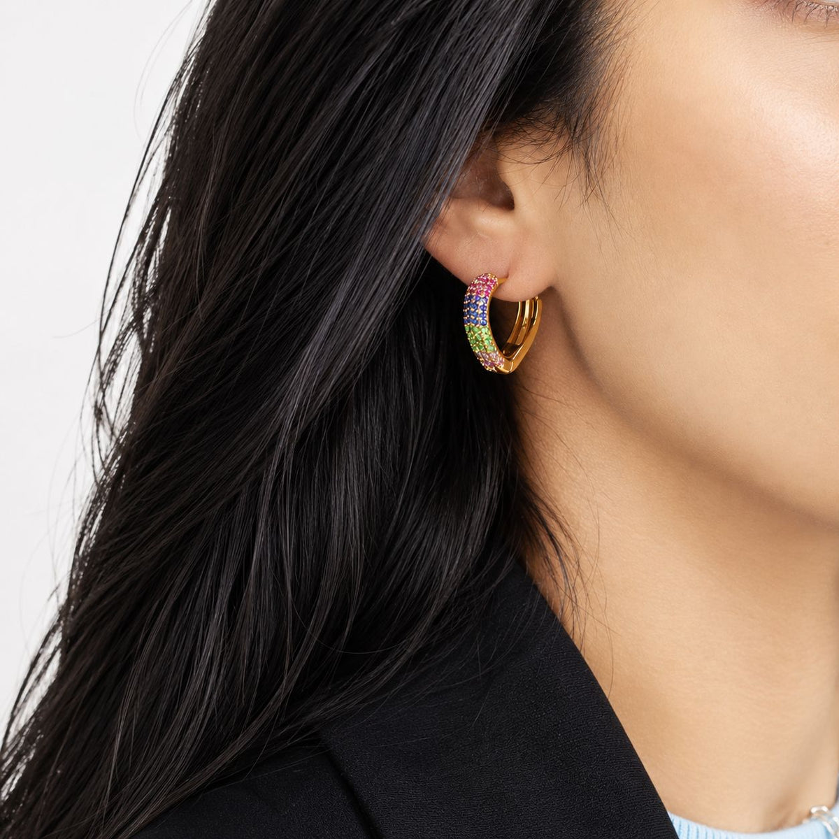 Rainbow Pave Heart Hoop Earrings