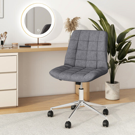 Armless Office Chair Upholstered Makeup Vanity Chair with Adjustable Height and Wheels-Grey