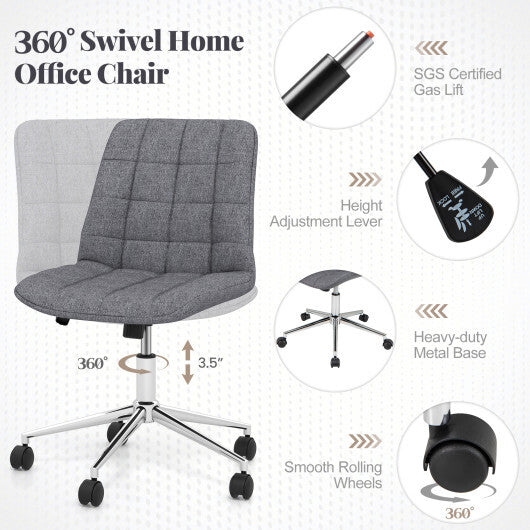 Armless Office Chair Upholstered Makeup Vanity Chair with Adjustable Height and Wheels-Grey