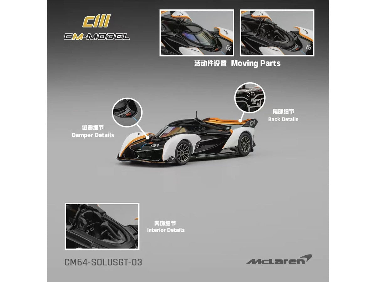 McLaren Solus GT #91 Black and White with Orange Accents 1/64 Diecast Model Car by CM Model