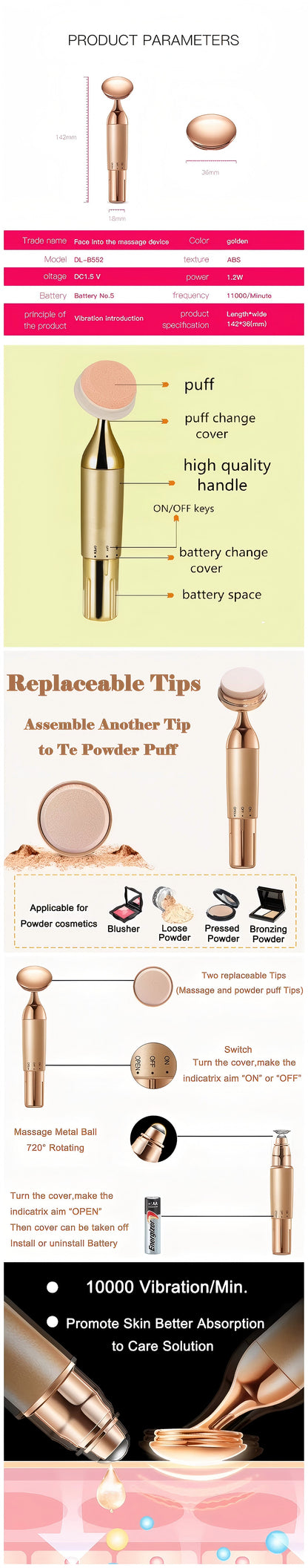3D Vibrating Makeup Sponge - Electric Foundation Blender, Rechargeable & Waterproof - For Flawless Liquid & Powder Application