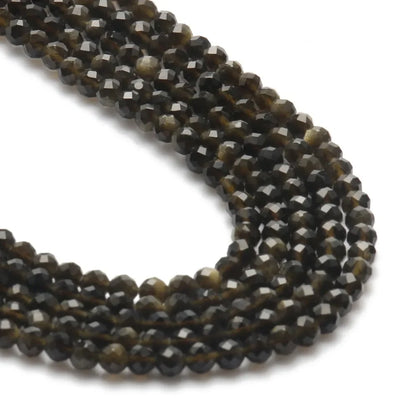 Natural Black Obsidian Stone 2/3/4mm Faceted Loose Round Mineral Beads for Jewelry Making DIY Christmas Gift Bracelets 15inch