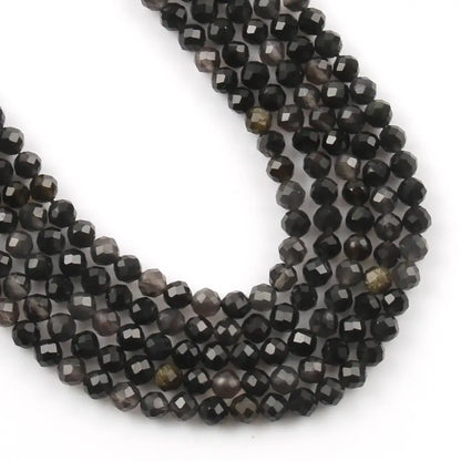 Natural Black Obsidian Stone 2/3/4mm Faceted Loose Round Mineral Beads for Jewelry Making DIY Christmas Gift Bracelets 15inch